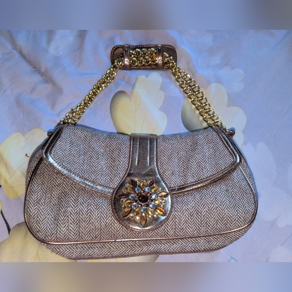 Embellished Tweed Shoulder Bag in Metallic Taupe